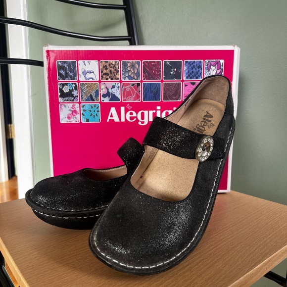 Alegria Shoes - Alegria Black Suede Mary Jane Clogs with purple shimmer (38)